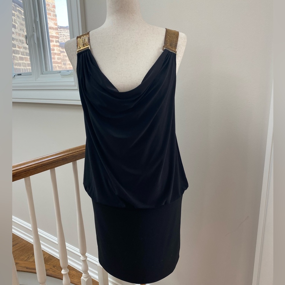 Cache Black Dress with Gold Link Shoulder Straps